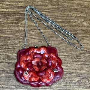 Brighton Rosalie‎ 3D Flower Red Leather Kiss Lock Coin Purse Crossbody Mini Bag